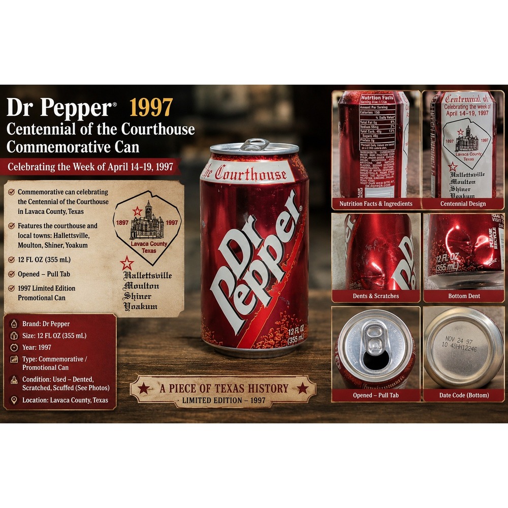 Vintage 1997 Dr Pepper‎ Lavaca County Courthouse Centennial 12oz Soda Can Texas